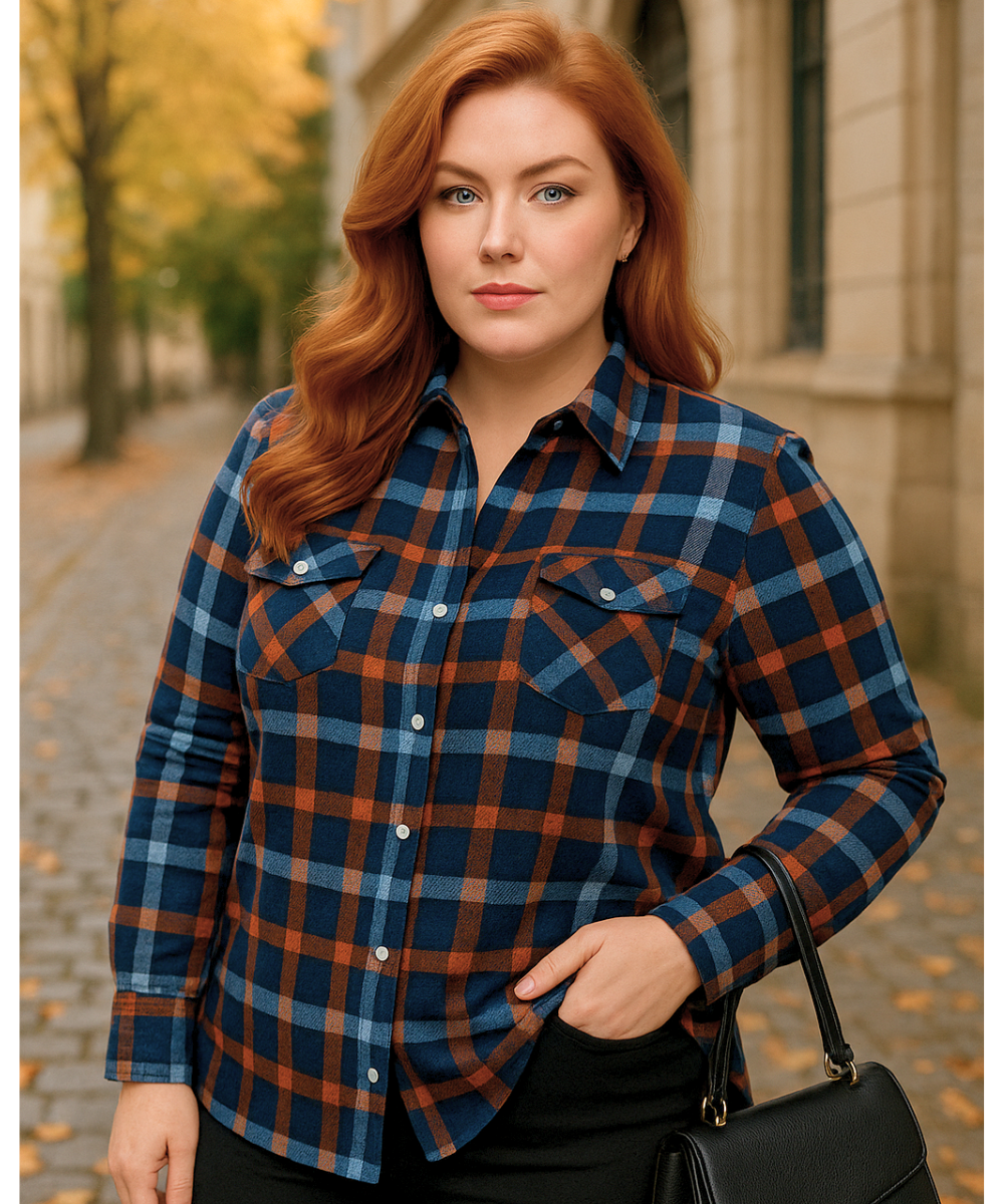 Comprar camisa xadrez feminina plus size de flanela azul com manga longa e botões para looks estilosos em festa junina e no frio em promoção ANELLIMN
