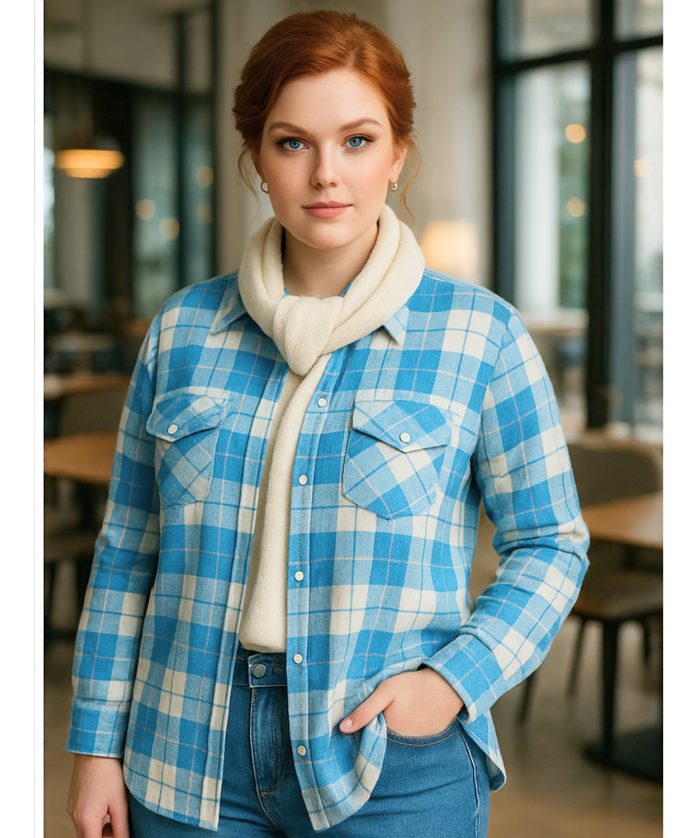 Comprar camisa xadrez feminina plus size de flanela azul com manga longa e botões para looks estilosos em festa junina e no frio em promoção ANELLIMN
