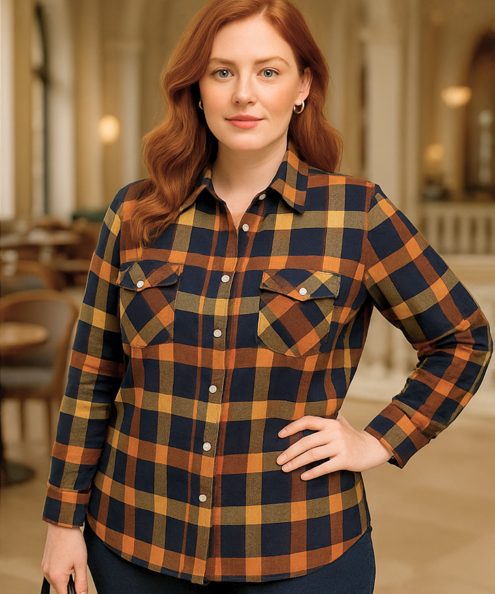 Comprar camisa xadrez feminina plus size de flanela laranja com manga longa e botões para looks estilosos em festa junina e no frio em promoção ANELLIMN
