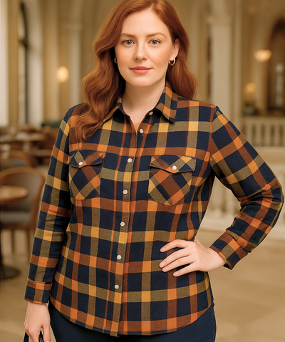 Comprar camisa xadrez feminina plus size de flanela laranja com manga longa e botões para looks estilosos em festa junina e no frio em promoção ANELLIMN
