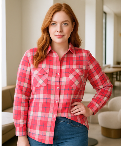 Comprar camisa xadrez feminina plus size de flanela rosa com manga longa e botões para looks estilosos em festa junina e no frio em promoção ANELLIMN
