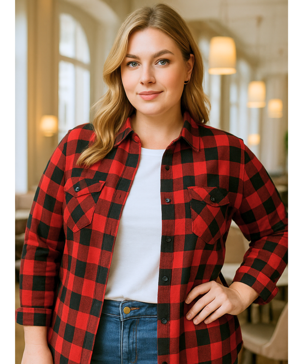 Comprar camisa xadrez feminina plus size de flanela vermelhocom manga longa e botões para looks estilosos em festa junina e no frio em promoção ANELLIMN

