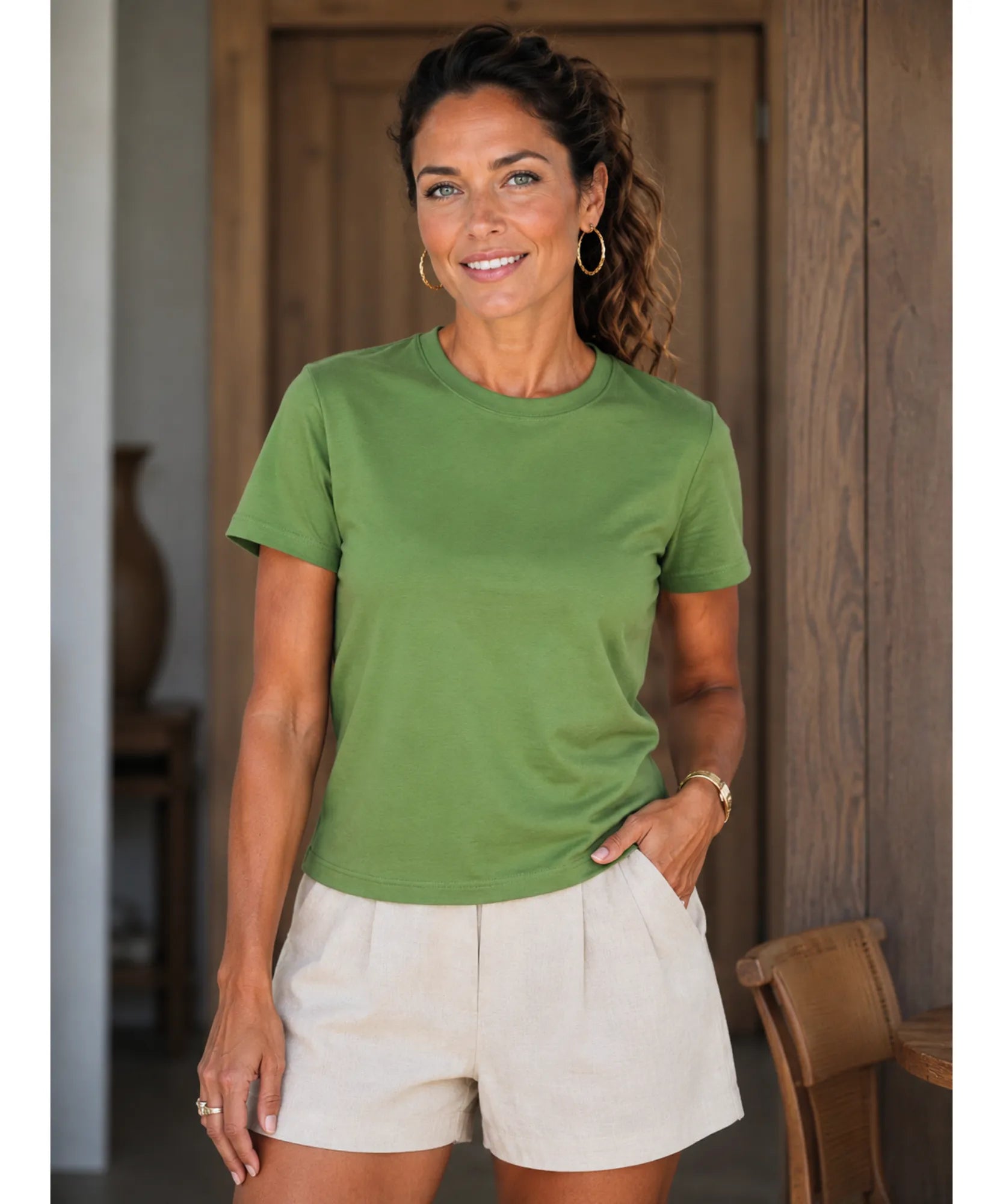 Comprar camiseta feminina manga curta verde look completo Anellimn