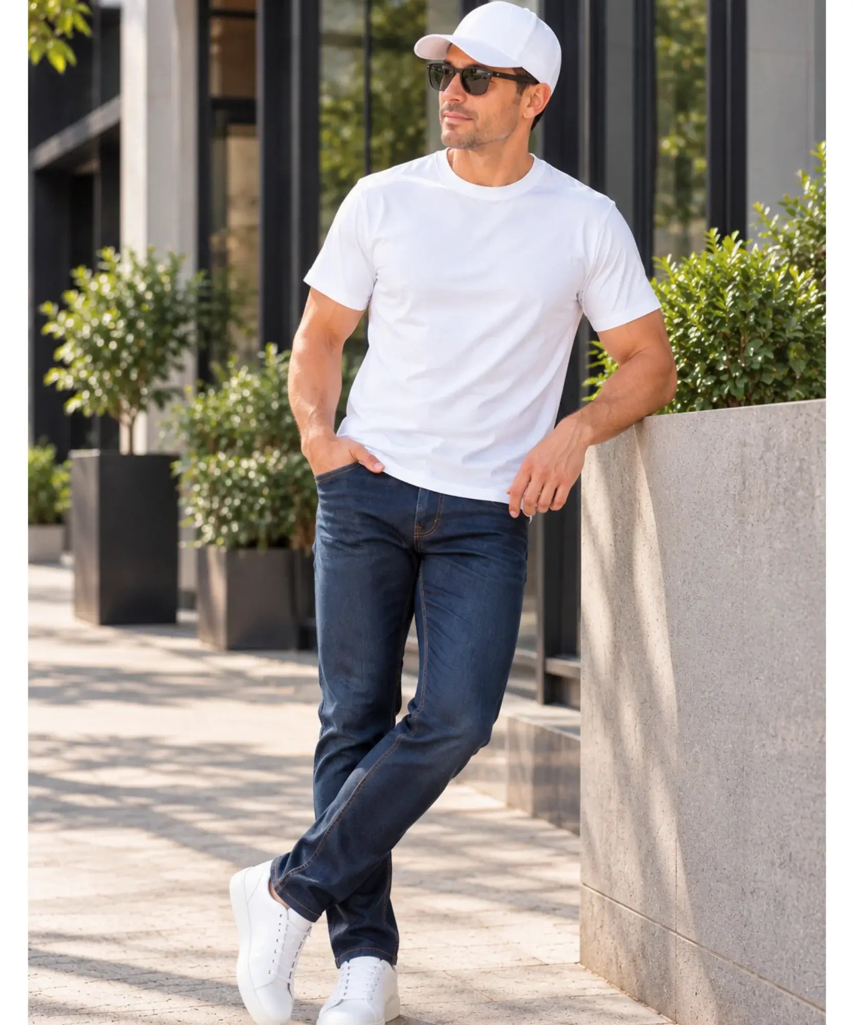 Camiseta masculina de algodão branca com calça jeans