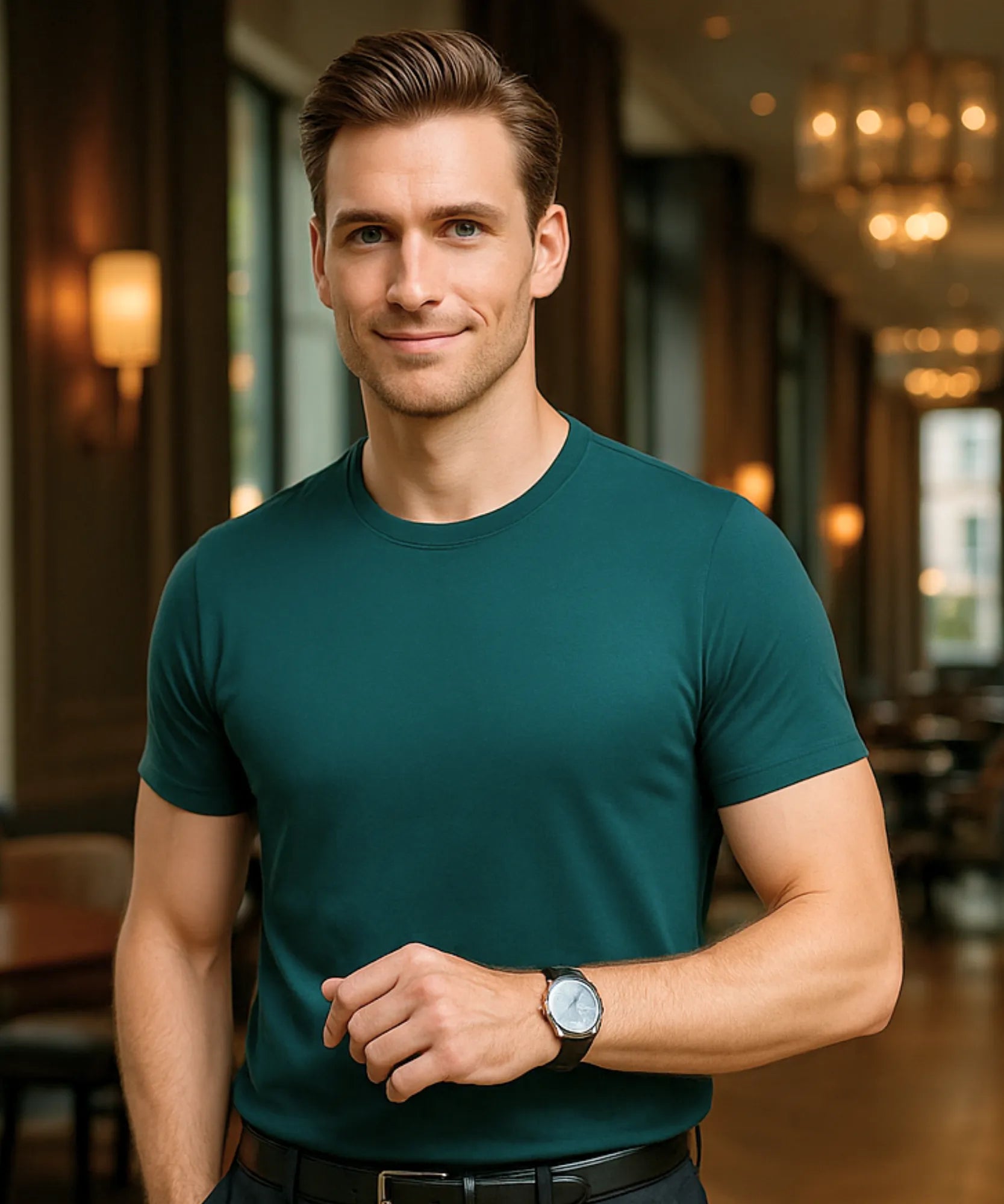 Comprar camiseta masculina básica algodão verde manga curta confortável casual premium barato promoção ZARA
