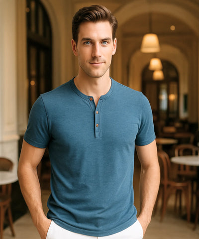 Comprar camiseta masculina azul botões algodão premium confortável casual moderna em promoção ZARA
