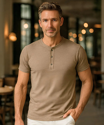 Comprar camiseta masculina marrom botões algodão premium confortável casual moderna em promoção ZARA
