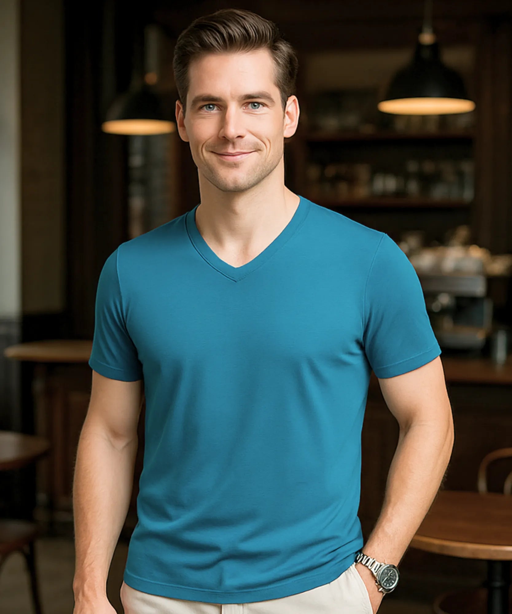 Comprar camiseta masculina gola V waffle azul respirável confortável casual premium barato promoção ZARA