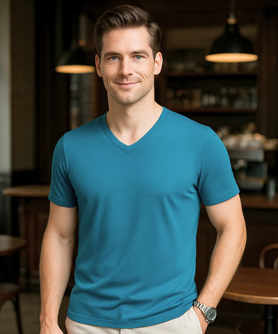 Comprar camiseta masculina gola V waffle azul respirável confortável casual premium barato promoção ZARA