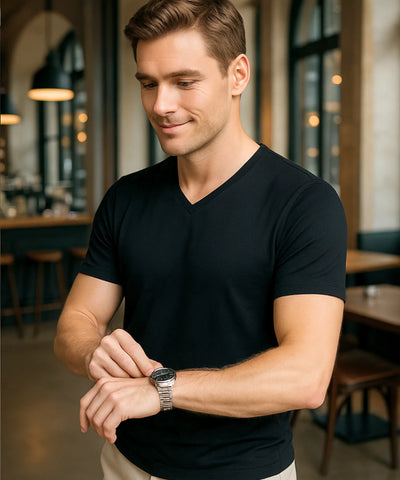 Comprar camiseta masculina gola V waffle preto respirável confortável casual premium barato promoção ZARA