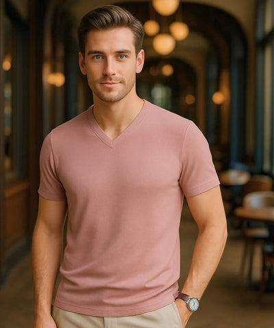 Comprar camiseta masculina gola V waffle rosa respirável confortável casual premium barato promoção ZARA