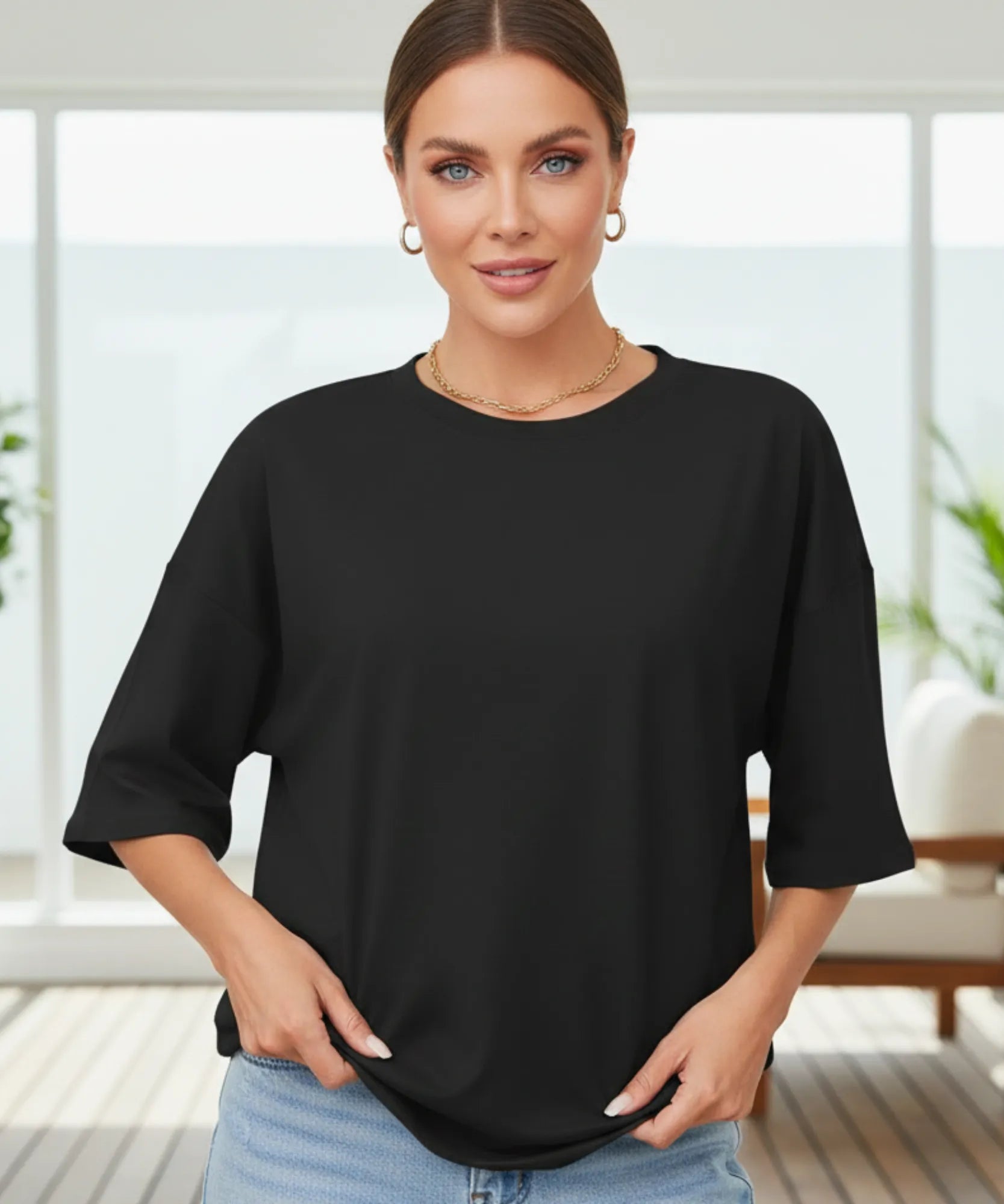 Comprar Camiseta Oversized 100% Algodão Básica preto manga curta unissex confortável respirável casual em promoção Hering