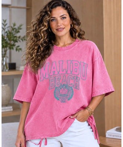 Camiseta oversized feminina rosa com amarração lateral