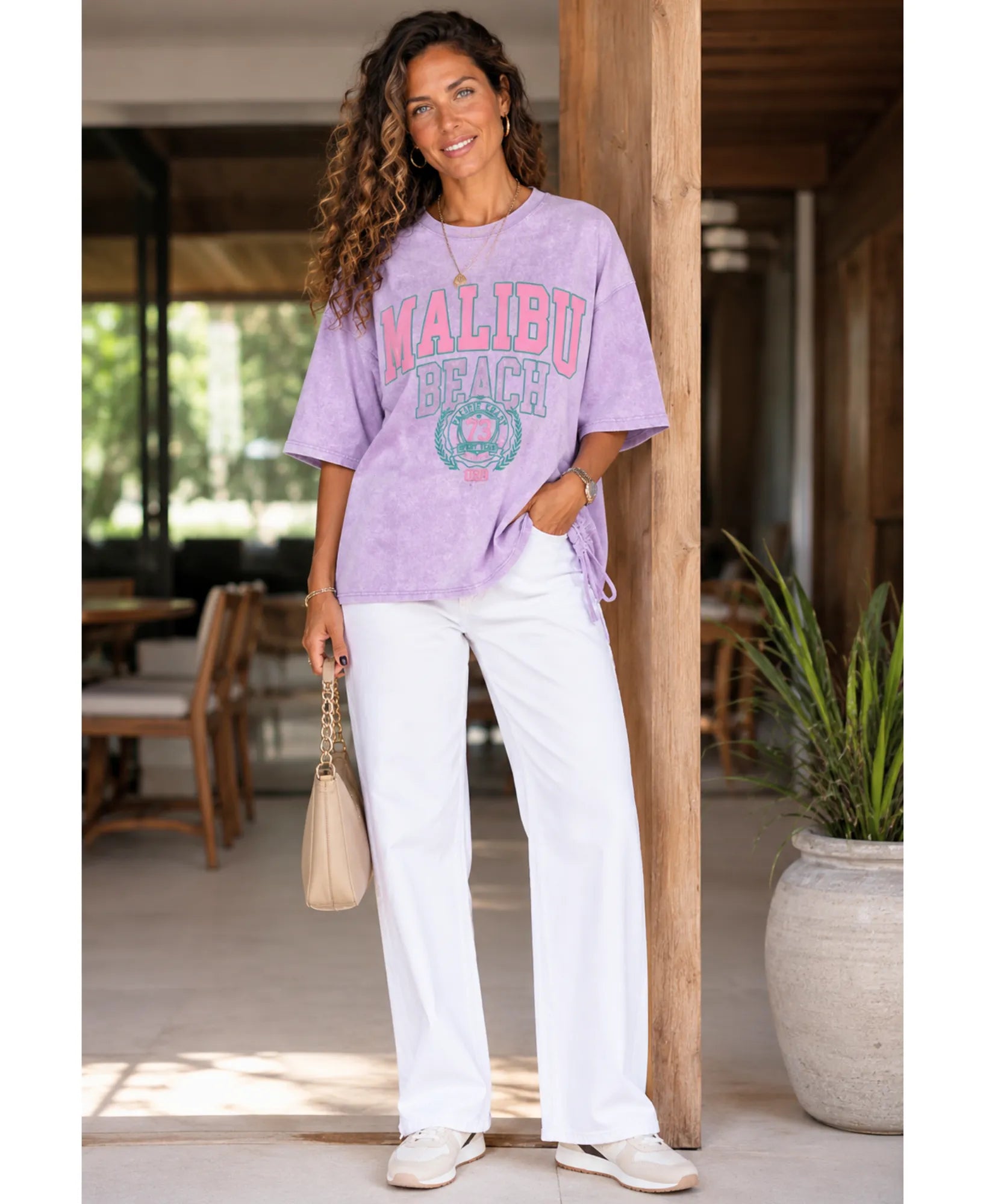 Comprar camiseta oversized feminina lavada roxa em promoção Anellimn