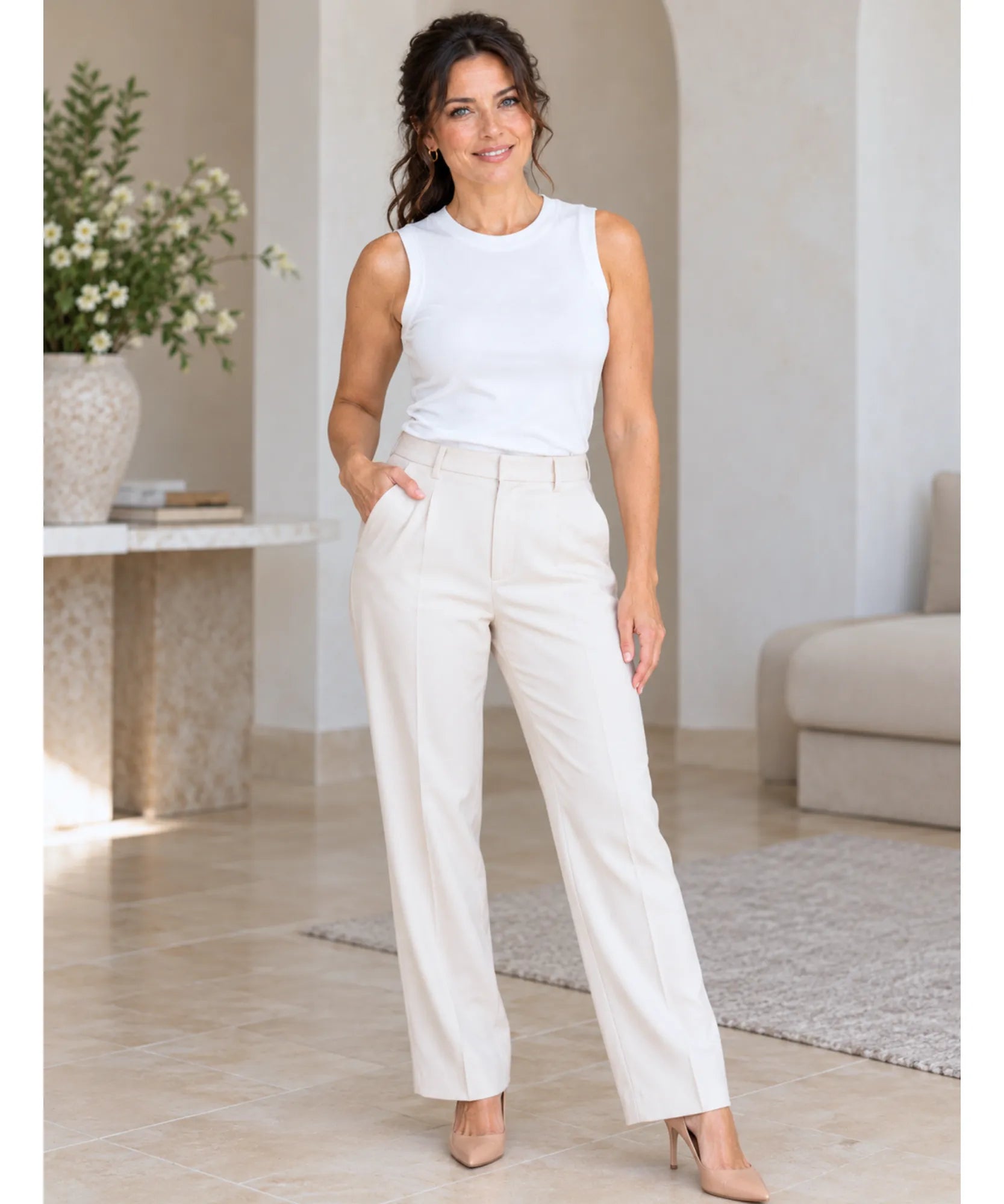 Comprar camiseta regata feminina de modal branca look completo em promoção Anellimn