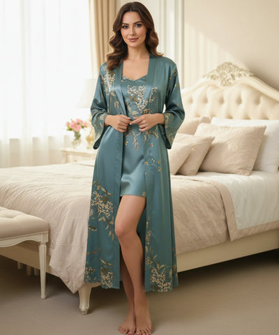 Comprar camisola feminina cetim estampada floral com robe manga longa alça regulável conjunto 2 peças barato em promoção