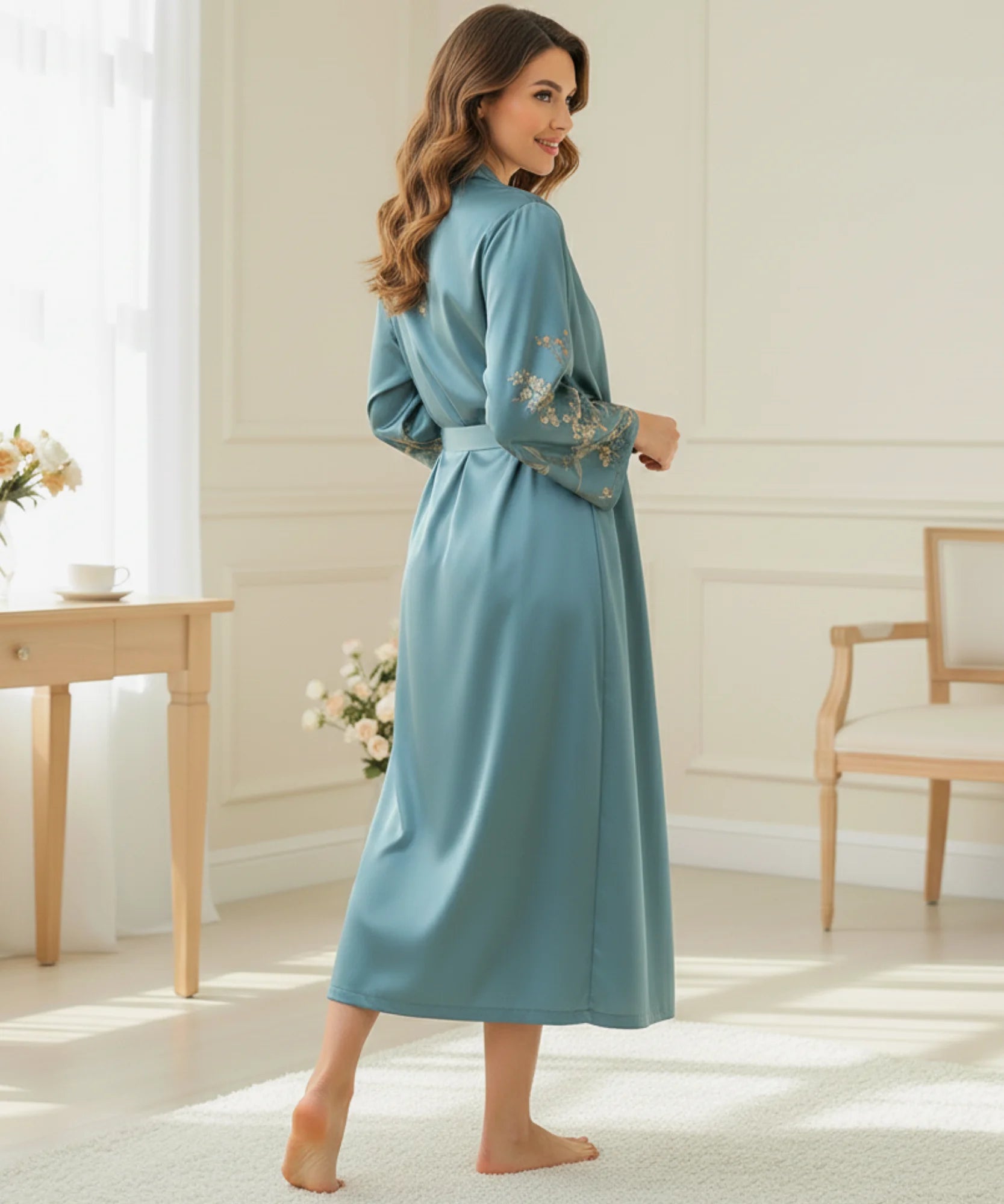 Comprar camisola feminina cetim estampada floral com robe manga longa alça regulável conjunto 2 peças barato em promoção