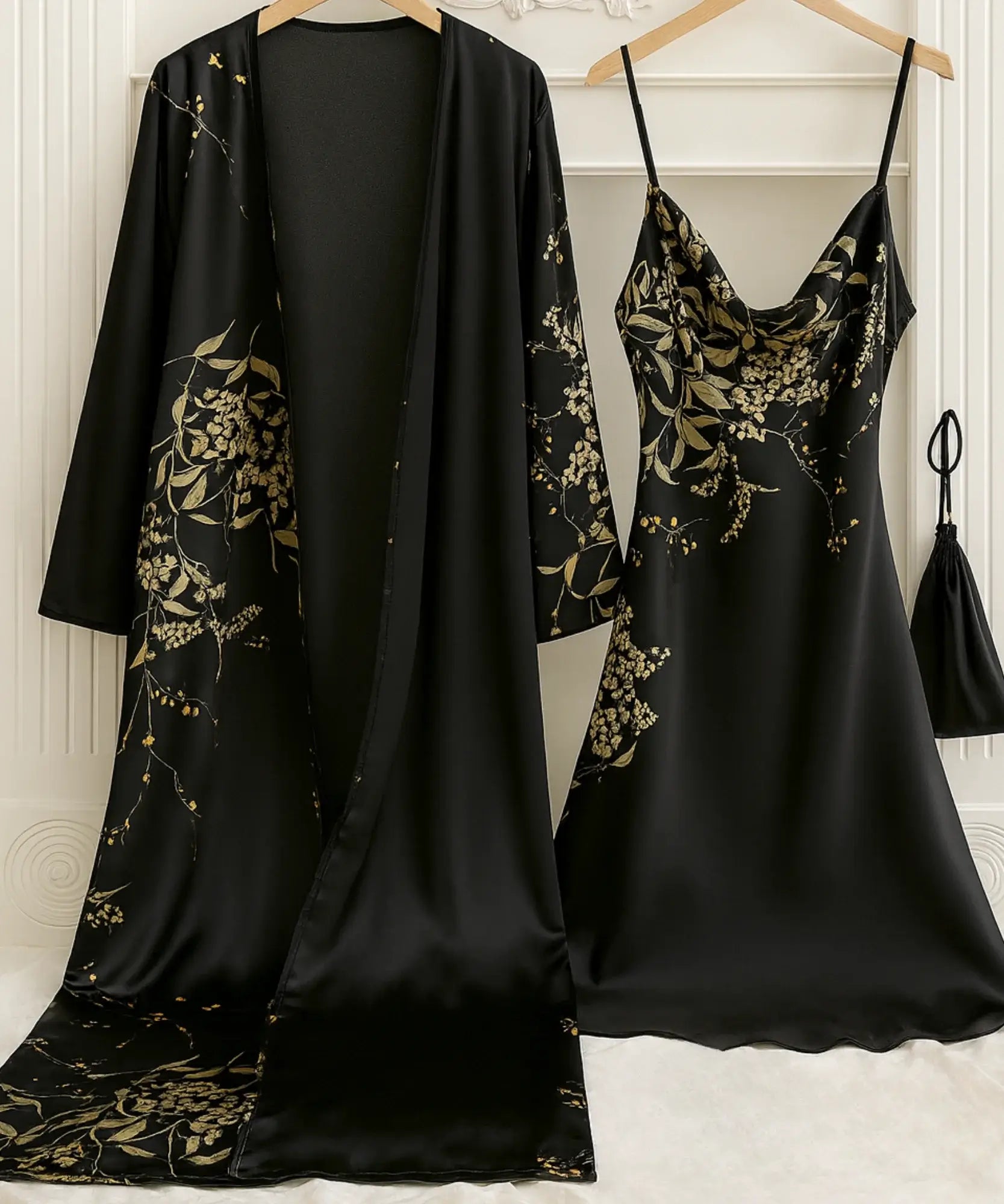 Comprar camisola feminina cetim estampada floral com robe manga longa alça regulável conjunto 2 peças barato em promoção