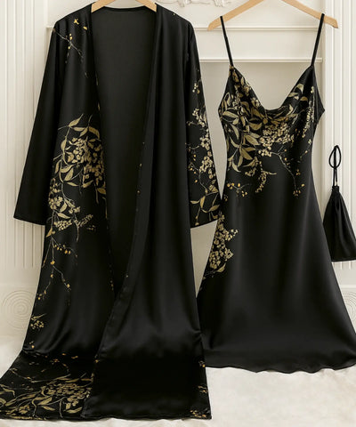 Comprar camisola feminina cetim estampada floral com robe manga longa alça regulável conjunto 2 peças barato em promoção