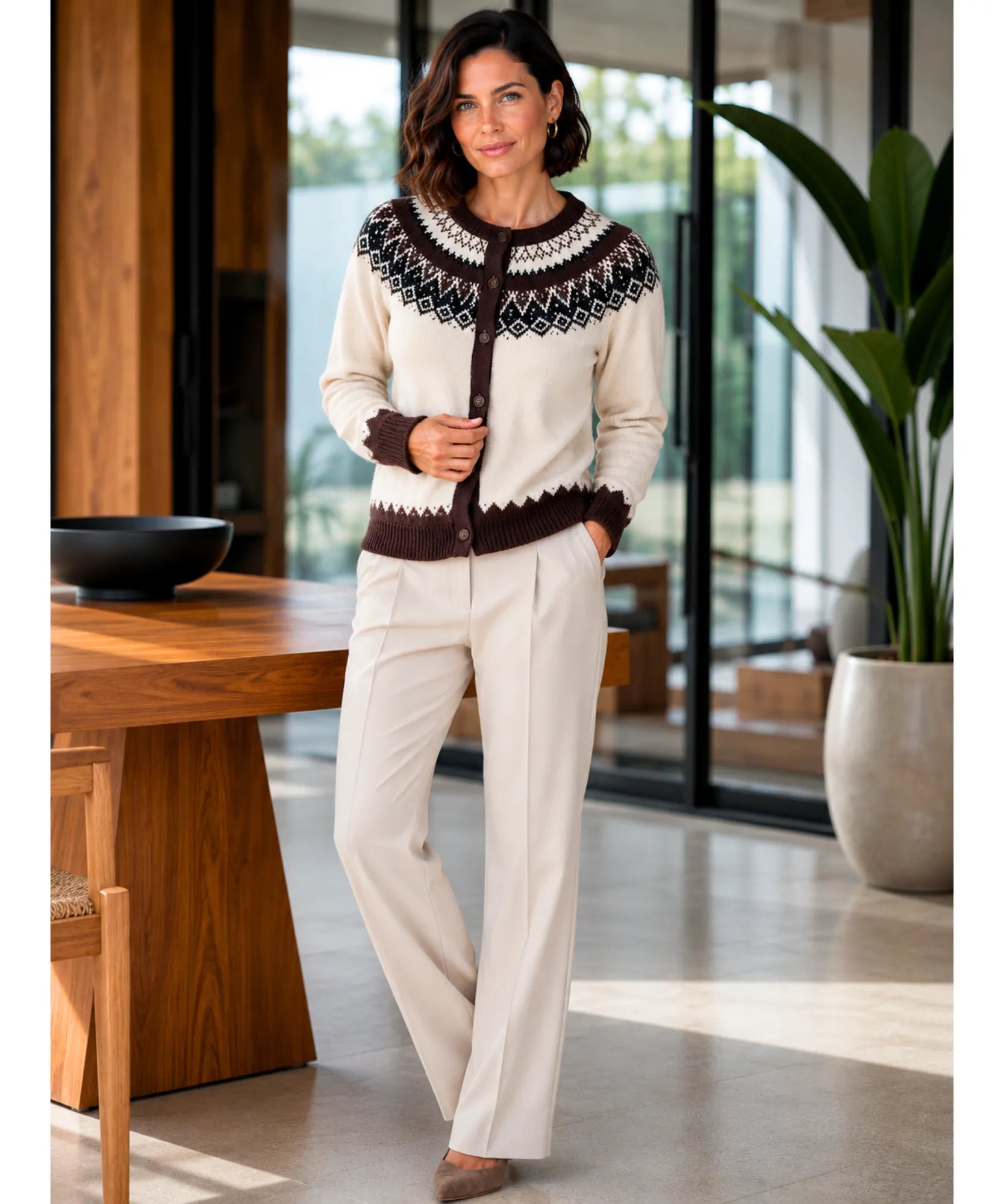Comprar cardigan feminino tricô estampa nórdica jacquard botões manga longa gola redonda inverno barato e em promoção ANELLIMN 