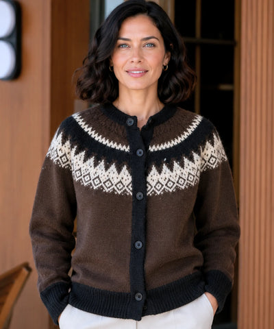 Comprar cardigan feminino tricô estampa nórdica jacquard botões manga longa gola redonda inverno barato e em promoção ANELLIMN 