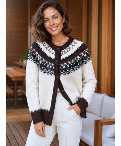Comprar cardigan feminino tricô estampa nórdica jacquard botões manga longa gola redonda inverno barato e em promoção ANELLIMN 