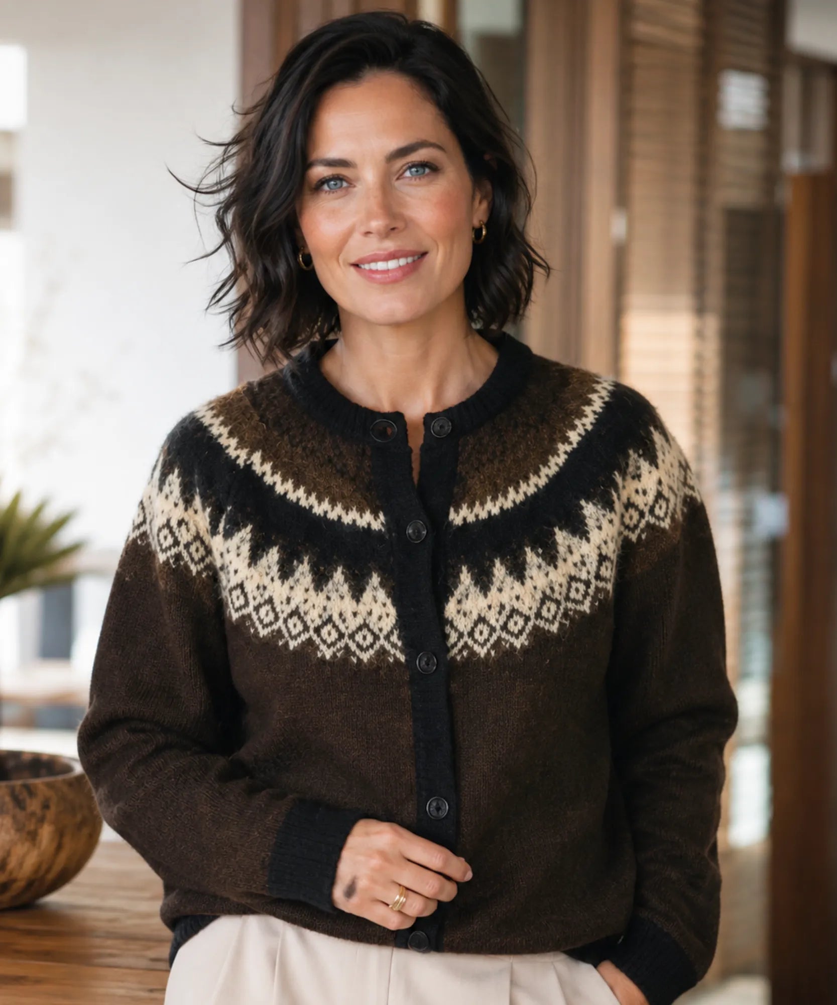 Comprar cardigan feminino tricô estampa nórdica jacquard botões manga longa gola redonda inverno barato e em promoção ANELLIMN 