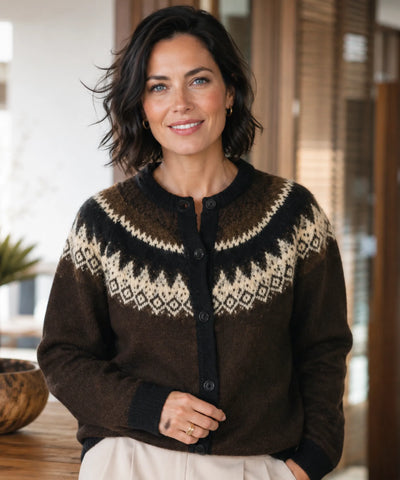Comprar cardigan feminino tricô estampa nórdica jacquard botões manga longa gola redonda inverno barato e em promoção ANELLIMN 