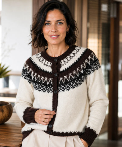 Comprar cardigan feminino tricô estampa nórdica jacquard botões manga longa gola redonda inverno barato e em promoção ANELLIMN 