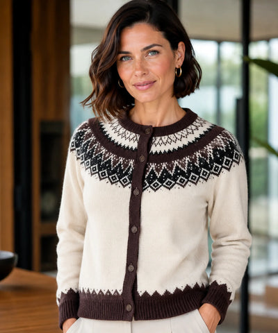 Comprar cardigan feminino tricô estampa nórdica jacquard botões manga longa gola redonda inverno barato e em promoção ANELLIMN 
