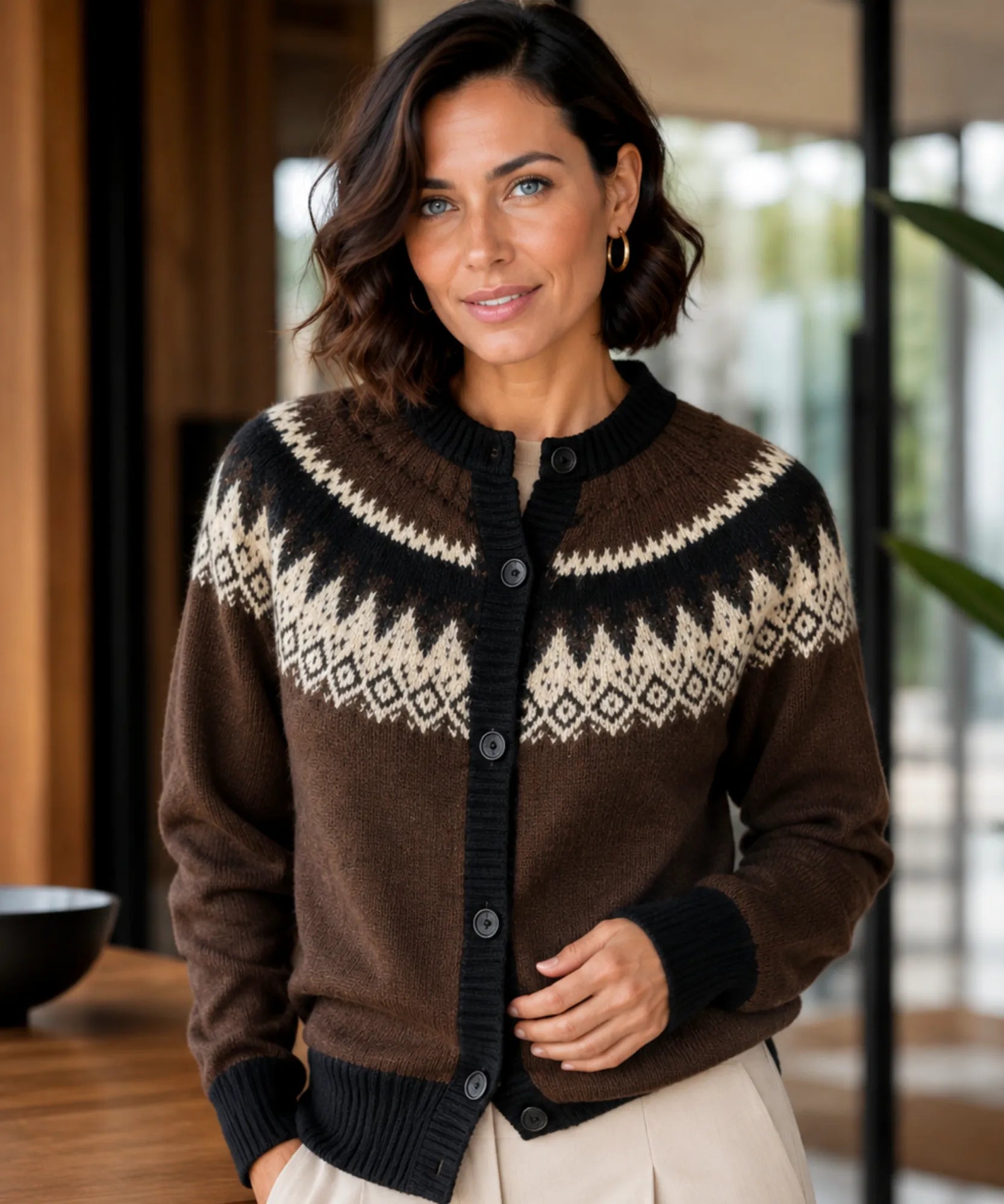 Comprar cardigan feminino tricô estampa nórdica jacquard botões manga longa gola redonda inverno barato e em promoção ANELLIMN 