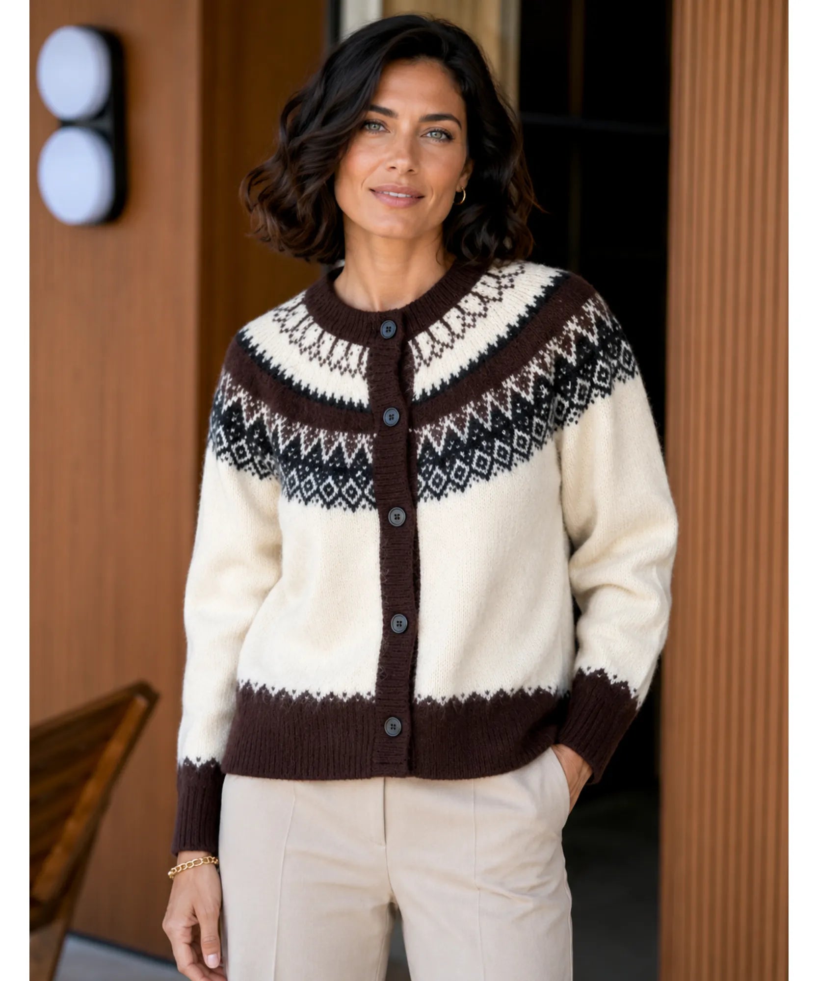 Comprar cardigan feminino tricô estampa nórdica jacquard botões manga longa gola redonda inverno barato e em promoção ANELLIMN 