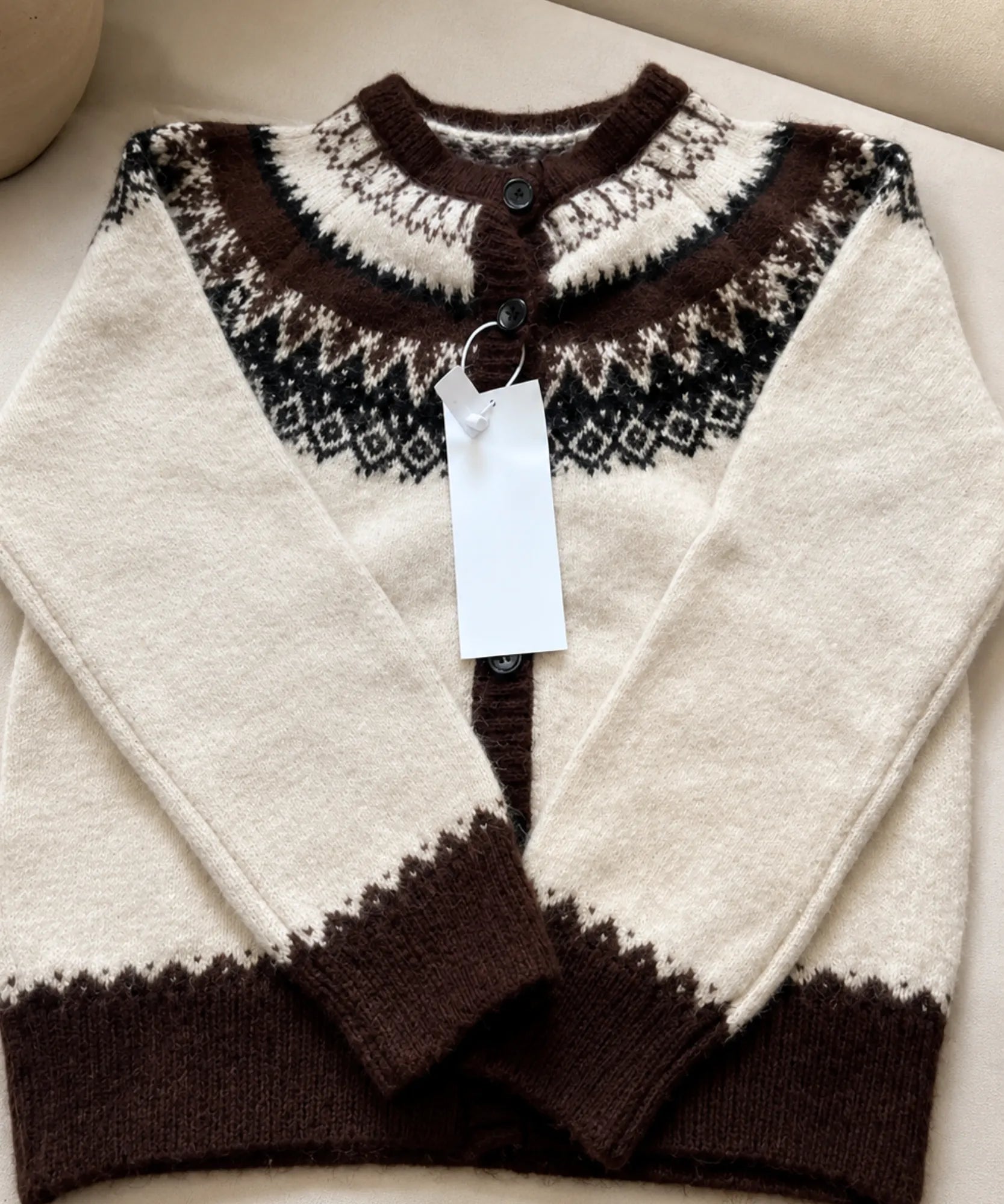 Comprar cardigan feminino tricô estampa nórdica jacquard botões manga longa gola redonda inverno barato e em promoção ANELLIMN 