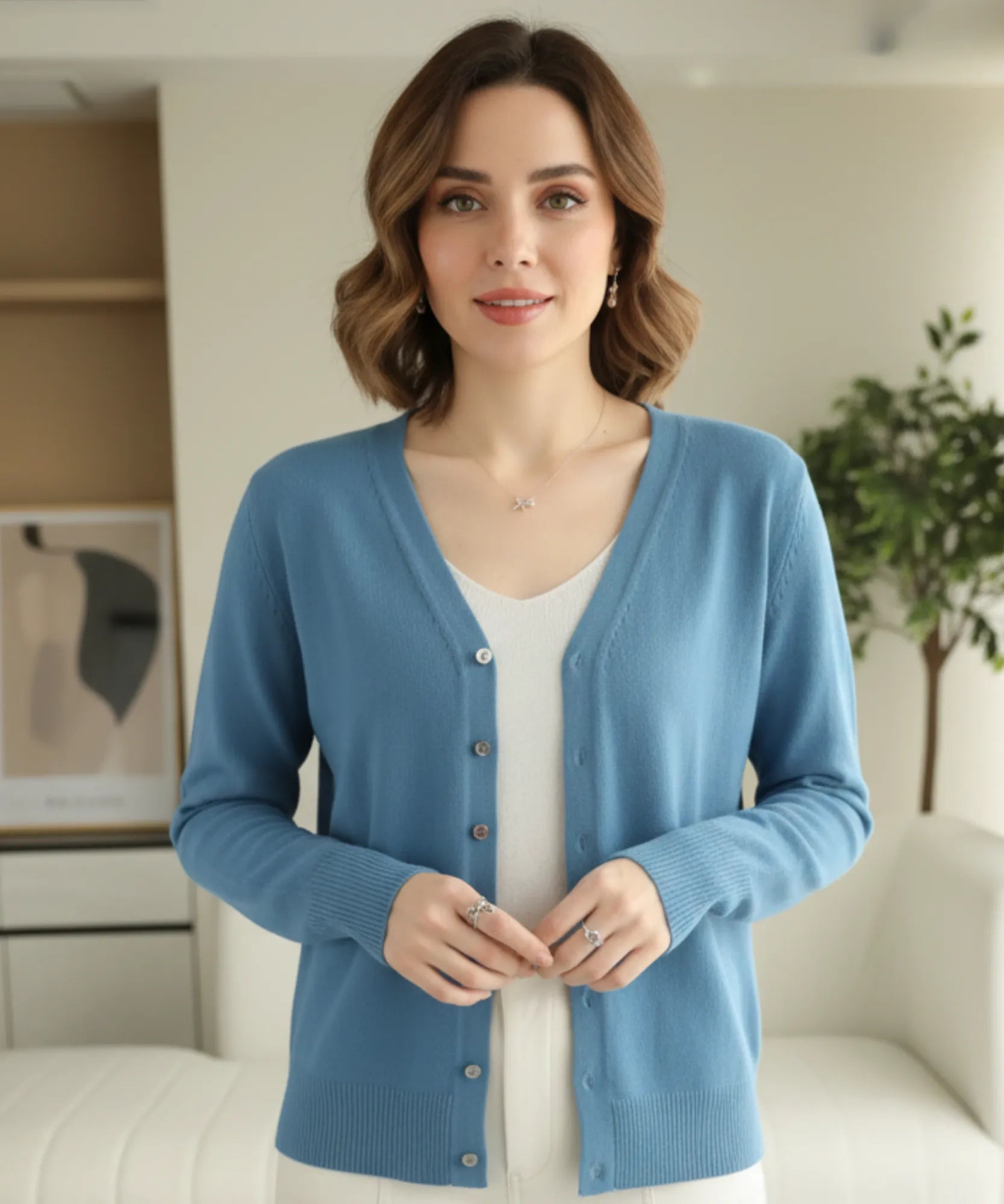 Comprar cardigan feminino tricot macio botões decote V manga longa escritório casual barato ANELLIMN
