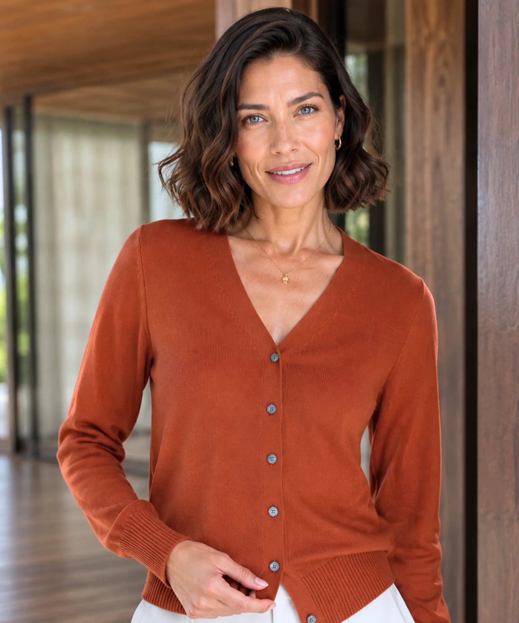 Comprar cardigan feminino tricot macio botões decote V manga longa escritório casual barato e em promoção ANELIMN