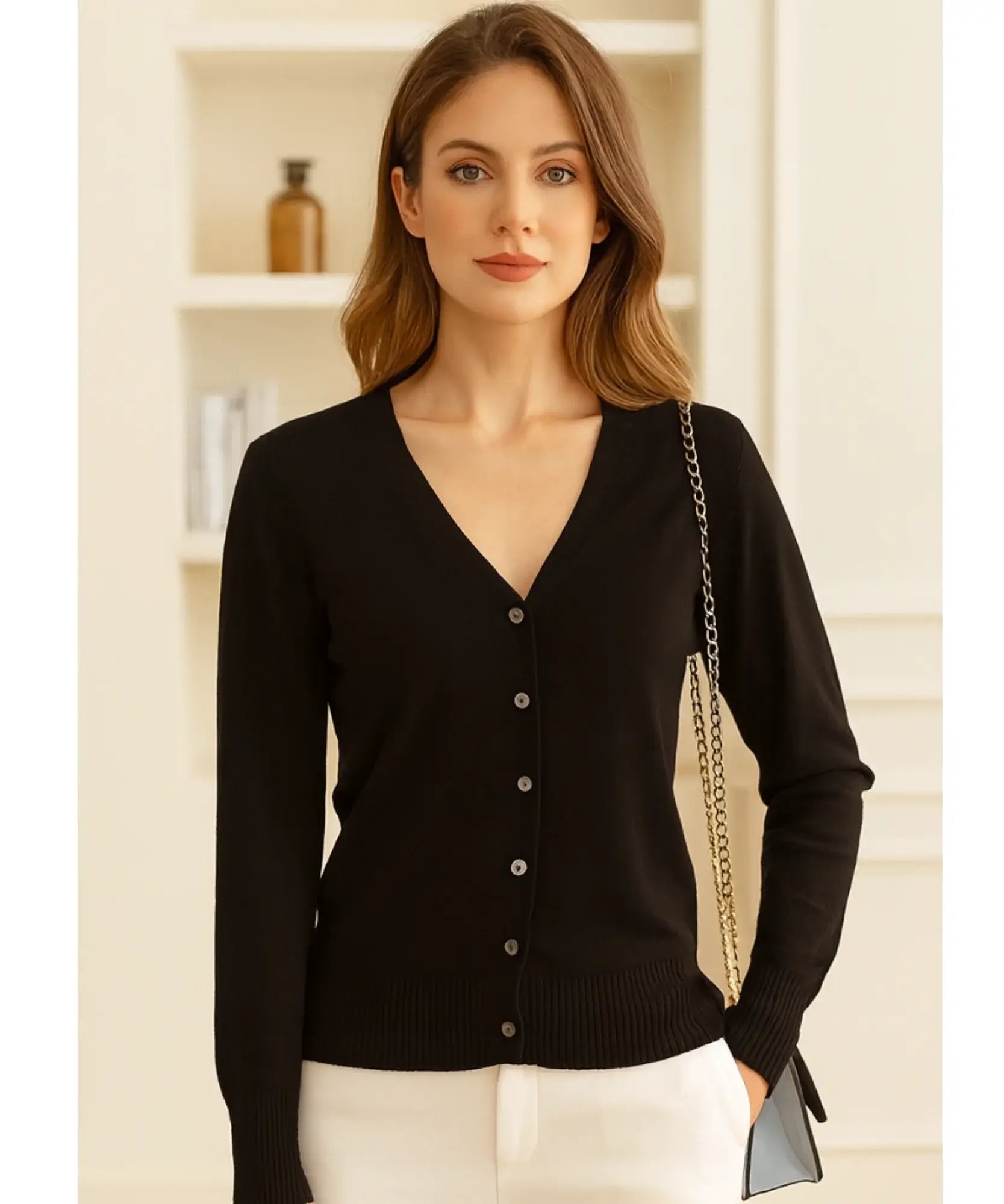 Comprar cardigan feminino tricot macio botões decote V manga longa escritório casual barato ou em promoção