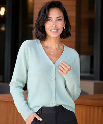 Comprar cardigan feminino tricot macio botões decote V manga longa escritório casual barato e em promoção ANELIMN