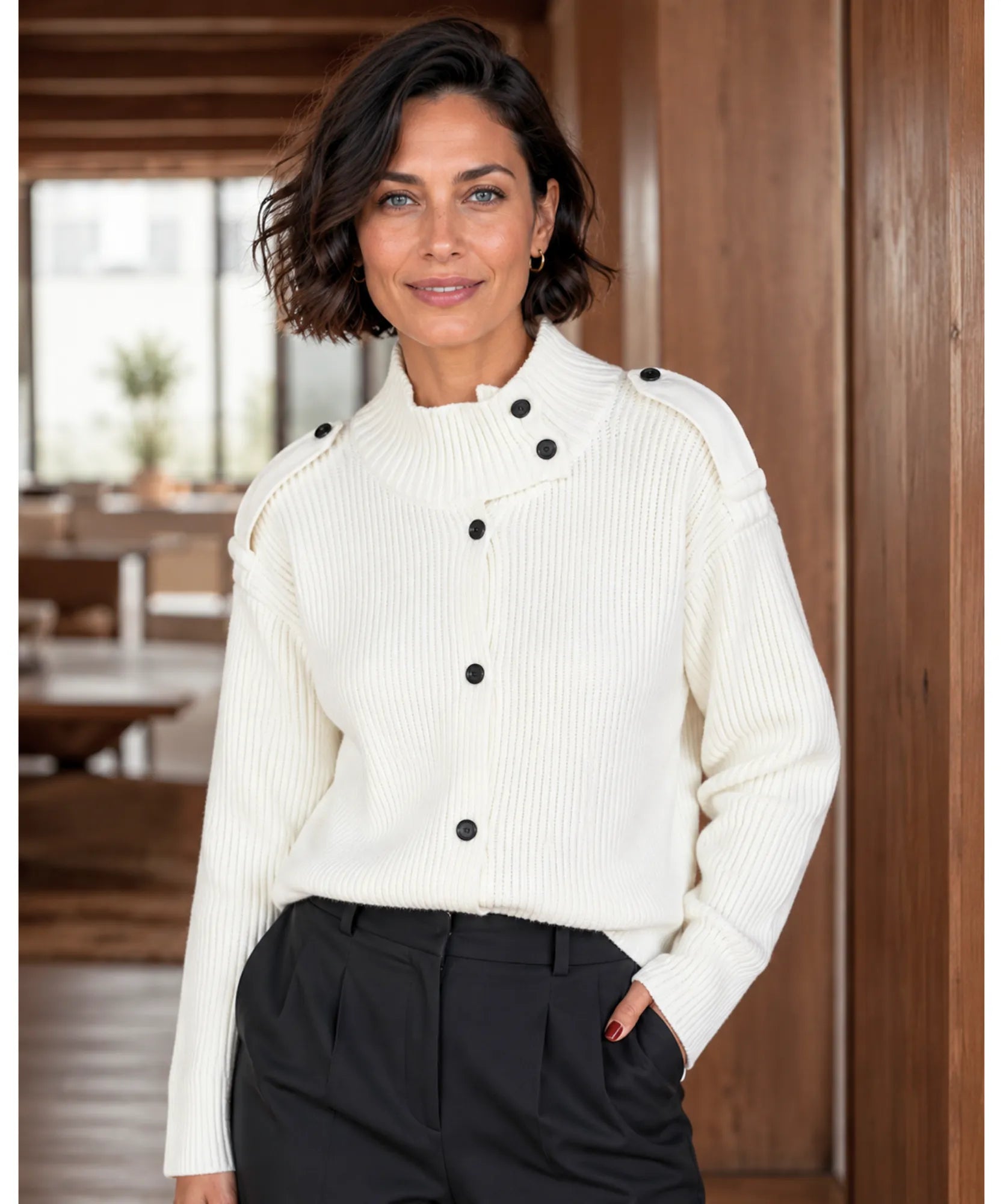 Comprar cardigan feminino tricot canelado gola alta curto botões manga longa elegante inverno em promoção ANELLIMN