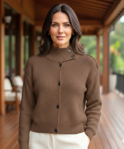 Cardigan Feminino Tricot Canelado Gola Alta Curto Elegante | Nord