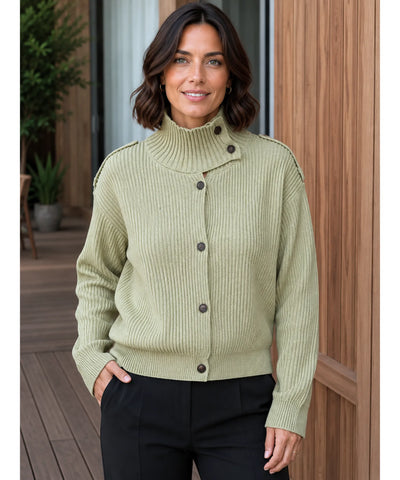 Comprar cardigan feminino tricot canelado gola alta curto botões manga longa elegante inverno em promoção ANELLIMN