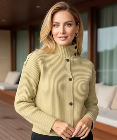 Cardigan Feminino Tricot Canelado Gola Alta Curto Elegante | Nord