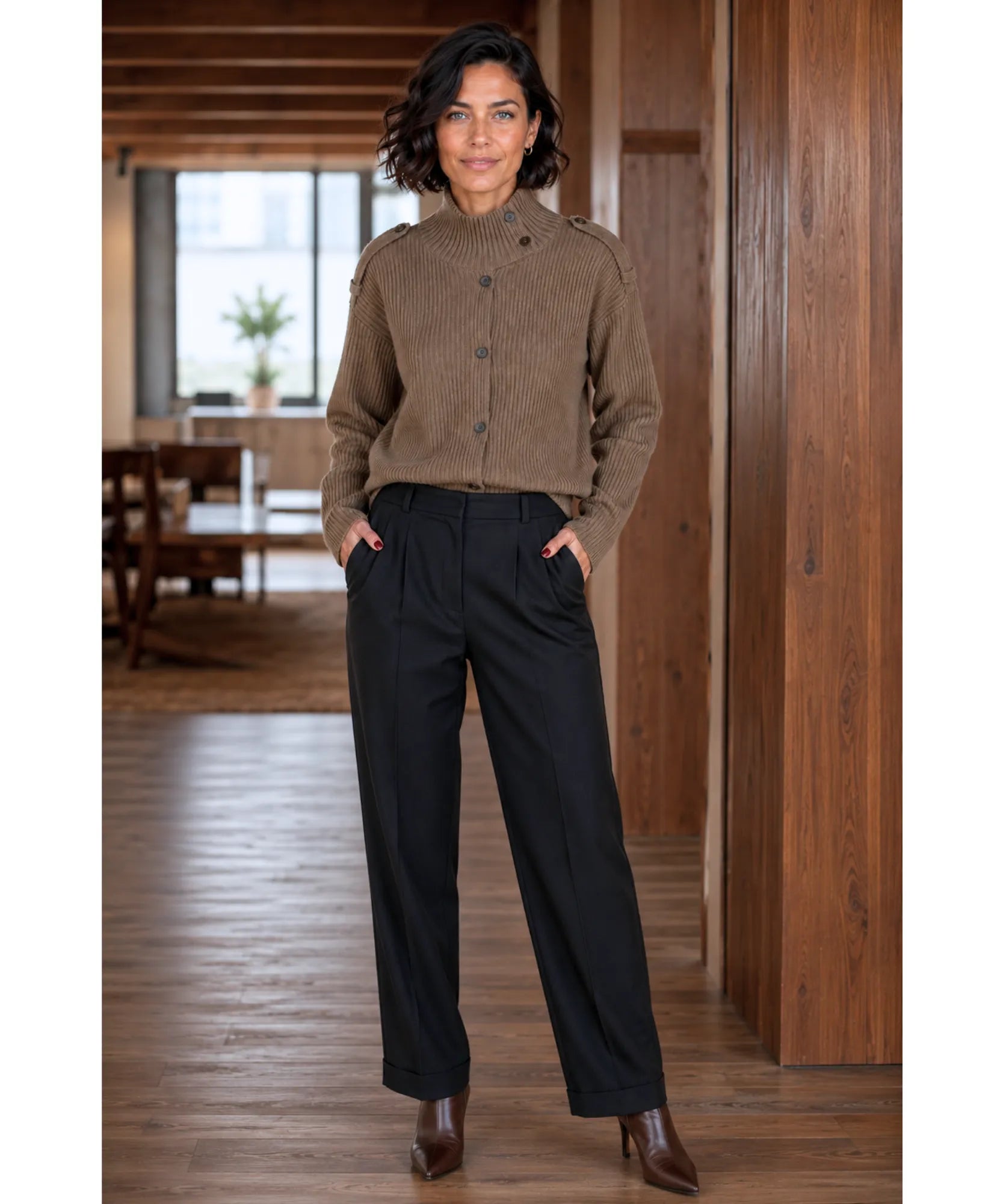 Comprar cardigan feminino tricot canelado gola alta curto botões manga longa elegante inverno em promoção ANELLIMN