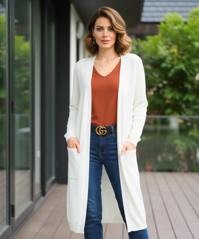 Cardigan Feminino Tricot Longo com Bolsos Elegância Casual | Lizie