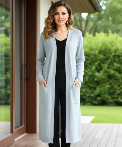 Cardigan Feminino Tricot Longo com Bolsos Elegância Casual | Lizie