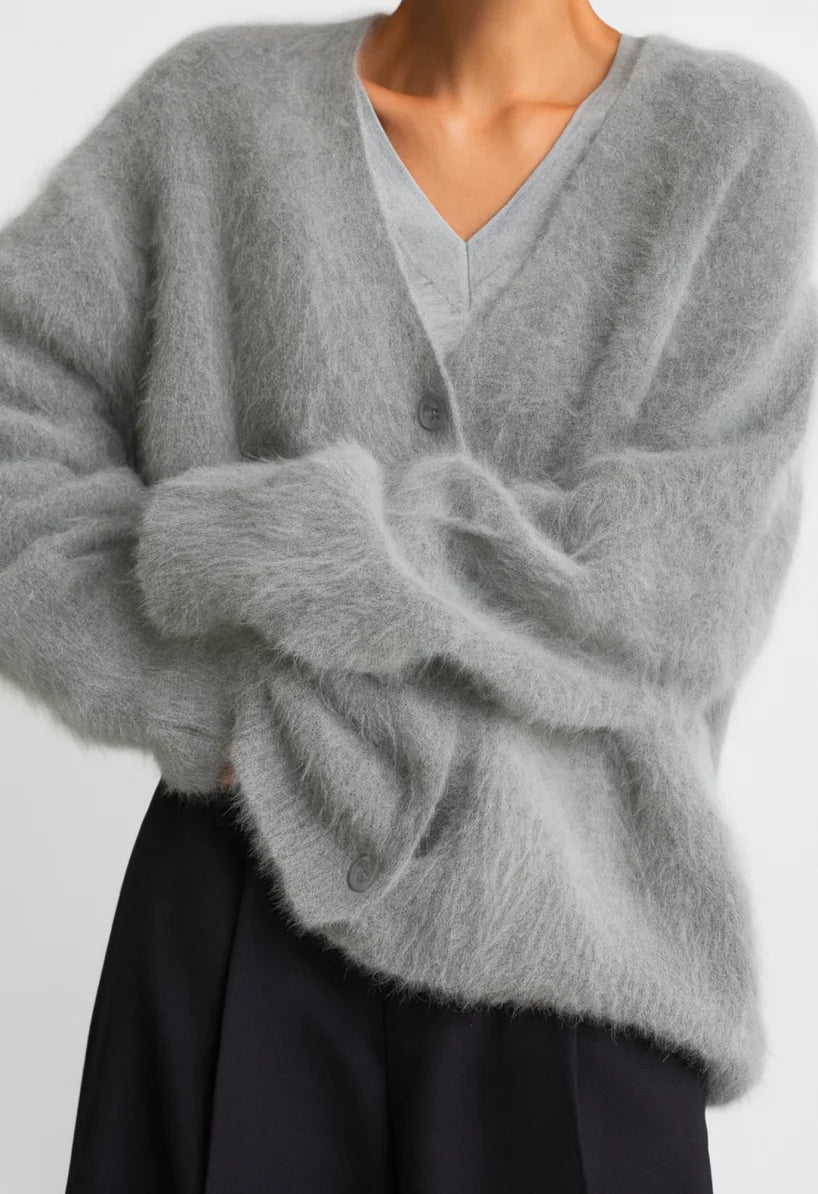 Comprar Cardigan feminino tricot pelúcia cinza alongado macio inverno confortável barato ou em promoção