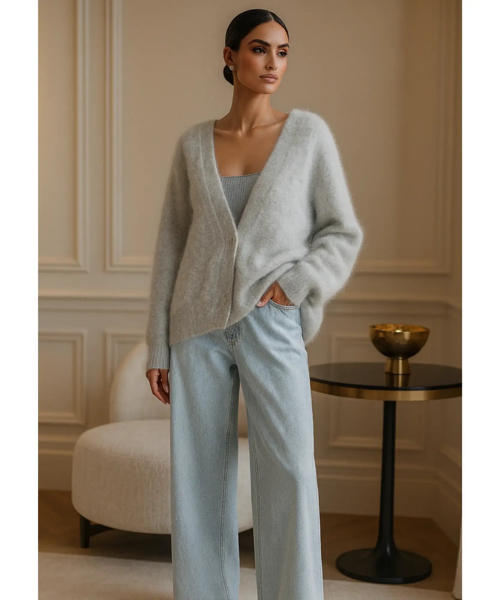 Comprar Cardigan feminino tricot pelúcia cinza alongado macio inverno confortável barato ou em promoção