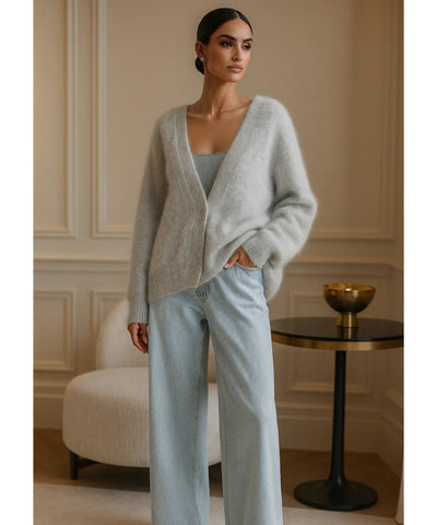Comprar Cardigan feminino tricot pelúcia cinza alongado macio inverno confortável barato ou em promoção