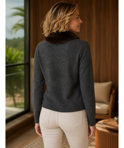 Comprar cardigan feminino tricot slim manga longa gola pelo sintético removível botões forrados inverno barato em promoção ANELLIMN