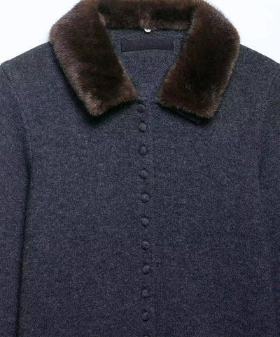 Comprar cardigan feminino tricot slim manga longa gola pelo sintético removível botões forrados inverno barato em promoção ANELLIMN