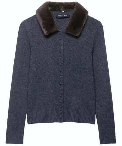 Comprar cardigan feminino tricot slim manga longa gola pelo sintético removível botões forrados inverno barato em promoção ANELLIMN